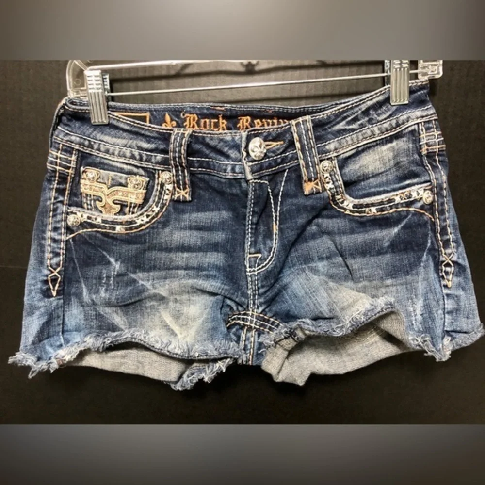 💘Rock Revival ⚜️ Angie Blue Distressed Denim Shorts - Picture 1 of 11
